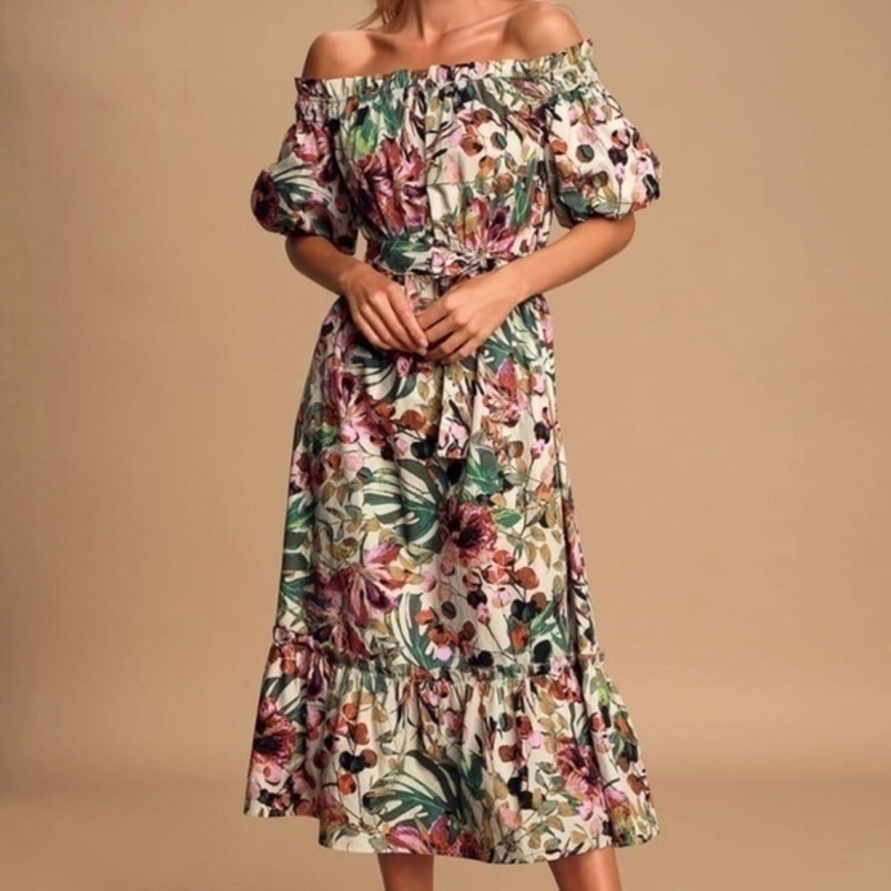 ❗️LULU’s  She's the One Beige Floral Print Off-The-Shoulder Midi Dress​…​